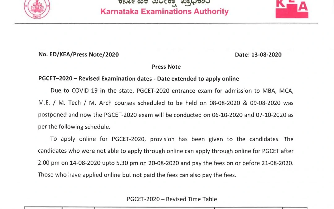 PGCET – 2020 – Revised Examination dates – Date extended to apply online