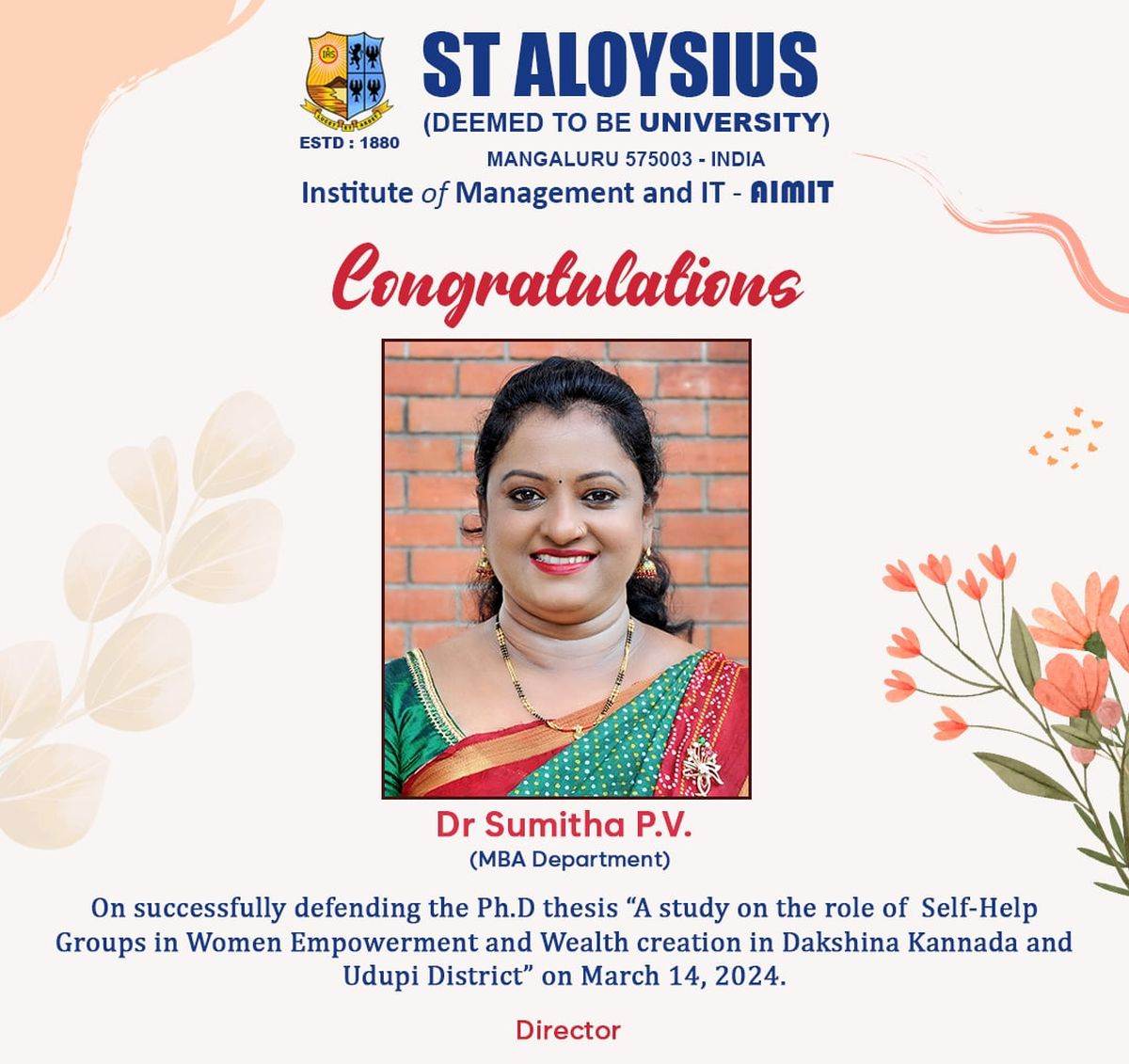 Aimit wishes Heartly Congratulations to Dr. Sumitha P. V